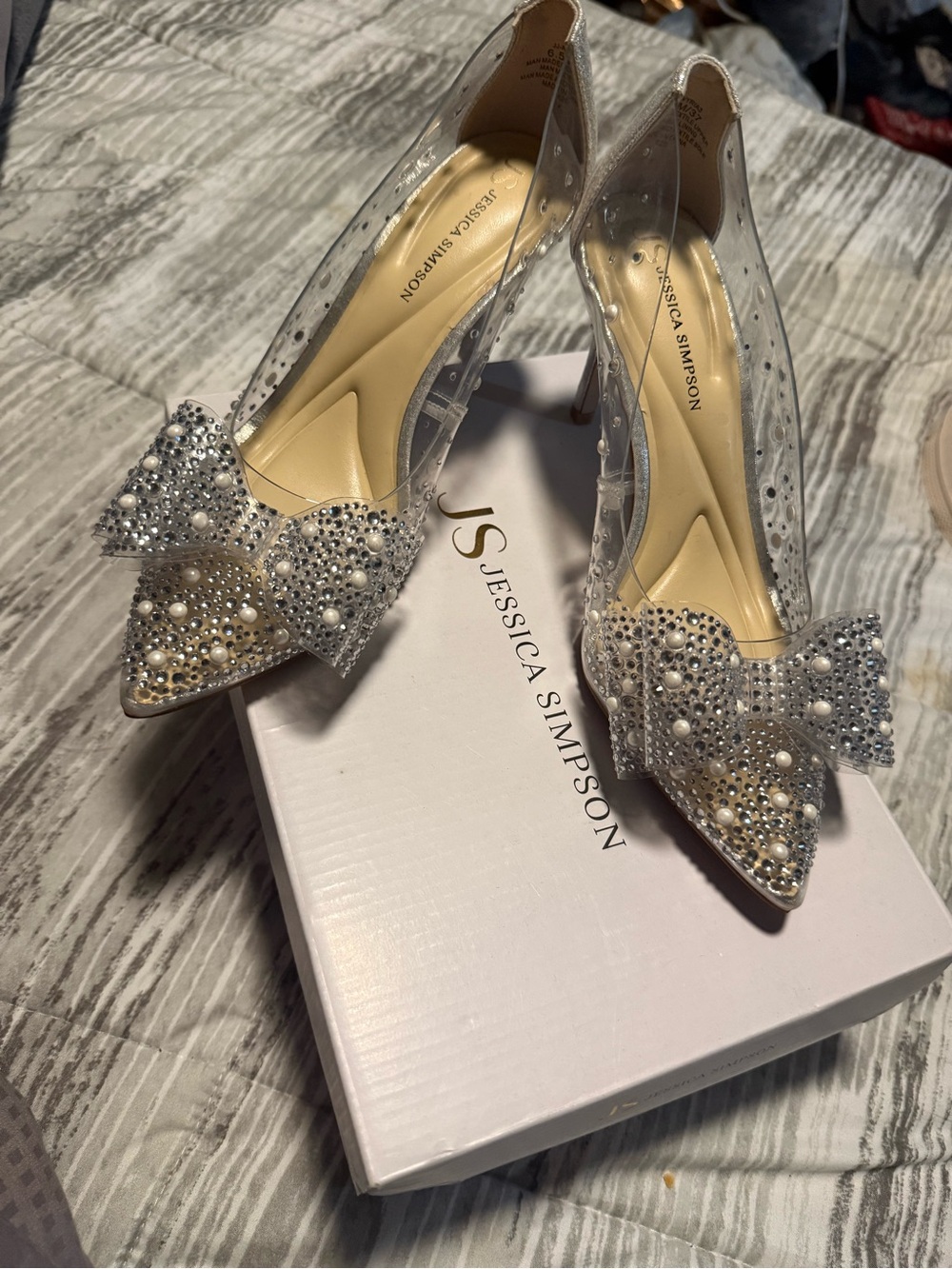 Jessica Simpson Clear Pointed Toe Heels with Pearl & Crystal Bow - Clear/Cream